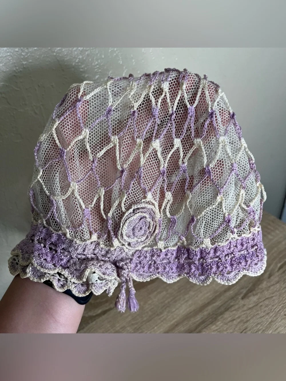 1910 20s purple Crochet Silk Ribbon Netting Mob Boudoir Cap Hat Cloche
